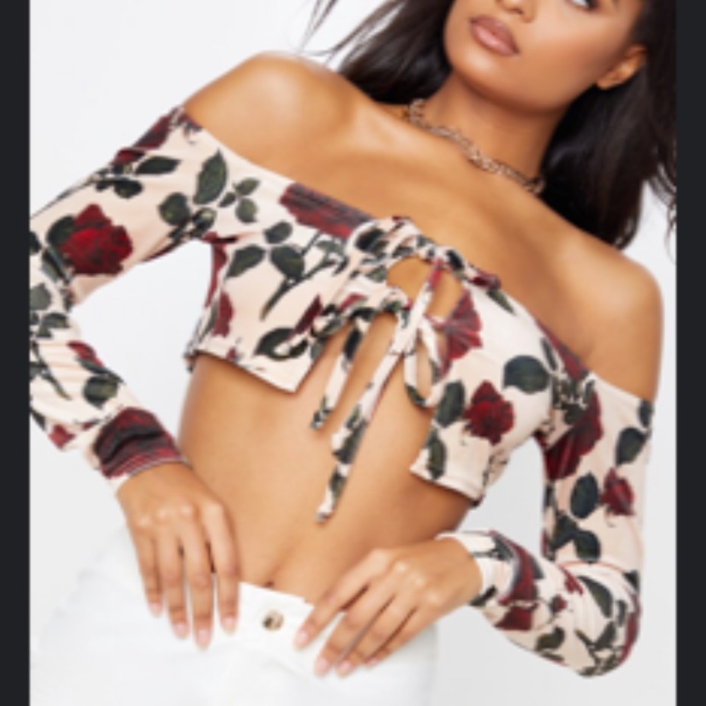 Cream Dark Rose Printed Velvet Tie Front Bardot CT